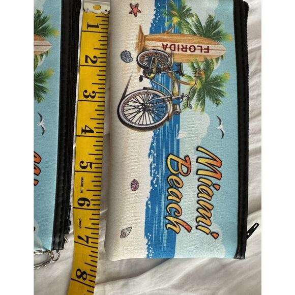 MIAMI BEACH "Palm Tree Waves Sand Bird” Soft Zipper Pouch keyring 7 in” NEW - Picture 3 of 4